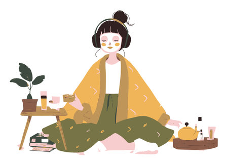 This charming illustration depicts a girl practicing self-care at home, surrounded by tea, skincare products, and a relaxing atmosphere, perfect for promoting wellness and tranquility.のイラスト素材