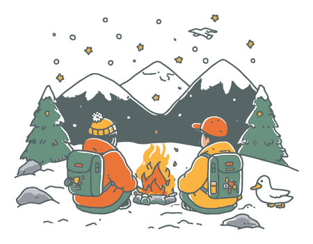 A charming illustration of two friends by a campfire in a snowy mountain setting, surrounded by nature, trees, and a serene night sky filled with stars.のイラスト素材