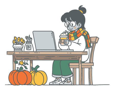 A charming illustration showcasing a cozy autumn workspace featuring a person sipping a drink amid pumpkins and decorations. Perfect for seasonal themes!のイラスト素材