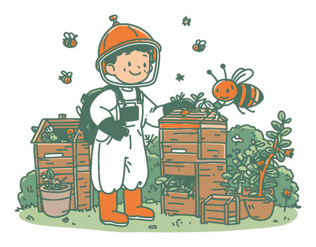 Delightful illustration of a child astronaut interacting with bees and plants in a whimsical garden, capturing themes of adventure and nature in a playful style.のイラスト素材