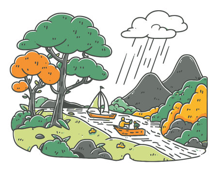 Explore a colorful flat vector illustration featuring a serene landscape with canoes, trees, mountains, and a rainy sky, perfect for nature lovers.のイラスト素材