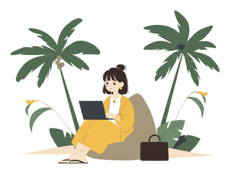 A young woman relaxes while working on her laptop in a serene tropical environment. The vibrant palms and soft colors create a perfect backdrop for creativity and productivity.のイラスト素材