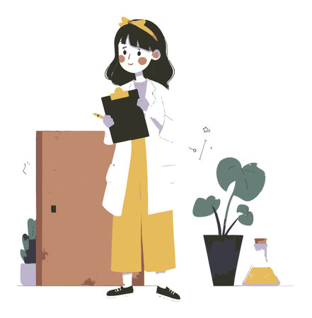 A charming illustration of a young scientist in a lab coat holding a clipboard, surrounded by plants and lab equipment, showcasing a blend of creativity and research.のイラスト素材