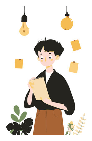 A vibrant illustration of a young person jotting down ideas in a notepad, surrounded by creative elements like light bulbs and notes, reflecting a modern workspace.のイラスト素材