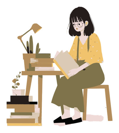 This illustration features a girl engrossed in reading a book at a cozy study area, surrounded by plants and stacked books, creating a serene atmosphere perfect for relaxation.のイラスト素材