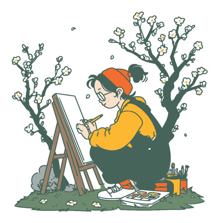 A young artist joyfully paints outdoors, surrounded by blossoming flowers and nature. This vibrant illustration captures creativity and artistic spirit in a serene setting.のイラスト素材
