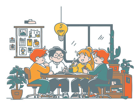 This flat vector illustration features a group of young people engaged in a creative meeting. They are collaborating around a table filled with ideas and inspiration.のイラスト素材