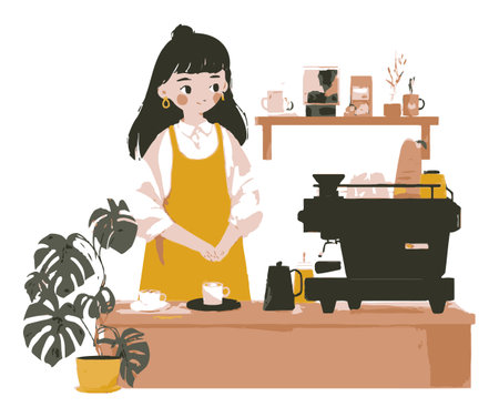 A charming illustration of a young barista in a cozy coffee shop, preparing espresso. The warm palette and inviting ambiance capture a moment of friendly service.のイラスト素材