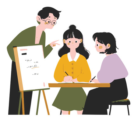 A vibrant and engaging illustration of a teacher guiding two students in a classroom setting, fostering an atmosphere of learning and collaboration.のイラスト素材