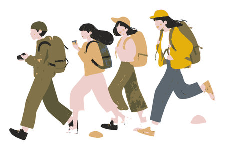 Vibrant illustration of a diverse group of hikers enjoying an outdoor adventure. Each character carries a backpack and shares smiles, conveying a sense of unity and exploration in nature.のイラスト素材