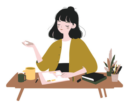A stylish illustration of a female designer in a creative workspace, showcasing the artistic process at a desk filled with design tools and inspiration.のイラスト素材