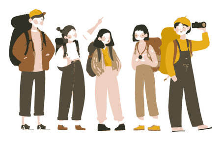 This vector illustration depicts a lively group of five diverse travelers, each with a backpack, showcasing an adventurous spirit and enthusiasm for exploration and outdoor experiences.のイラスト素材
