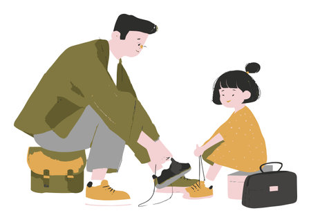 This charming vector illustration depicts a caring father helping his daughter tie her shoelaces, capturing the joy and warmth of family bonding in everyday moments.のイラスト素材