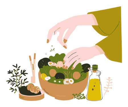 A vibrant illustration of a hand skillfully preparing a fresh salad, showcasing rich vegetables and healthy ingredients in a rustic bowl. Ideal for wellness themes.のイラスト素材