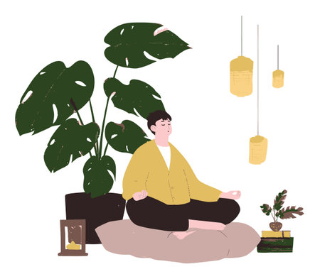 This illustration features a person meditating in a serene indoor setting surrounded by lush greenery, promoting peace and mindfulness. Ideal for wellness themes.のイラスト素材