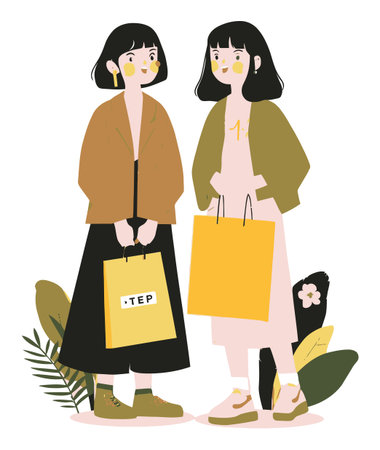 This vibrant illustration showcases two young women joyfully holding shopping bags. Surrounded by tropical plants, it captures a stylish spring moment full of life and friendship.のイラスト素材