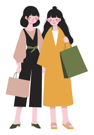 This vibrant illustration showcases two stylish young women holding shopping bags. Their trendy outfits and joyful expressions convey a lively shopping experience, perfect for fashion-related themes.のイラスト素材