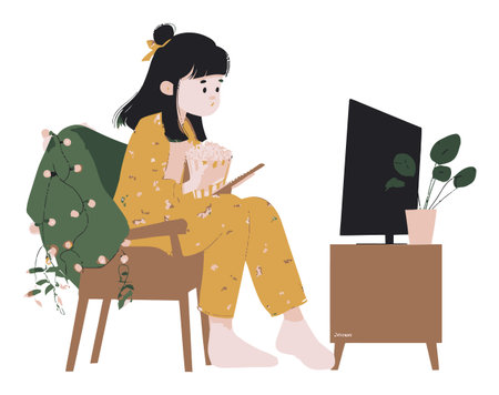 This cozy illustration features a girl enjoying popcorn while watching television. The warm ambiance and relaxed setting evoke comfort and leisure, perfect for a home decor theme.のイラスト素材
