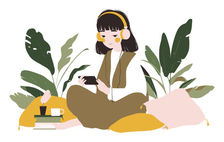 This vibrant vector illustration features a young woman enjoying music with headphones while relaxing among lush plants and cozy pillows, embodying a serene and joyful atmosphere.のイラスト素材