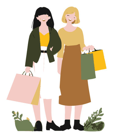 A vibrant illustration depicting two stylish women holding shopping bags, surrounded by greenery. Their cheerful expressions and trendy outfits celebrate friendship and shopping culture.のイラスト素材