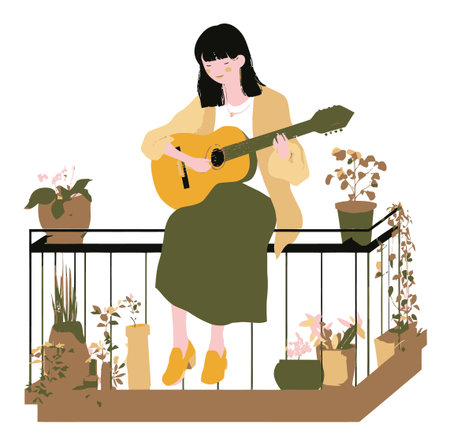 A charming illustration of a woman playing guitar on a balcony, surrounded by a variety of potted plants. The artwork captures a serene moment of creativity and relaxation.のイラスト素材