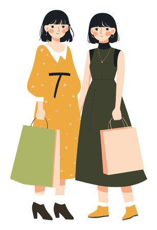 Illustration of two fashionable women holding shopping bags, showcasing trendy outfits and cheerful expressions. Perfect for fashion and lifestyle themes.のイラスト素材