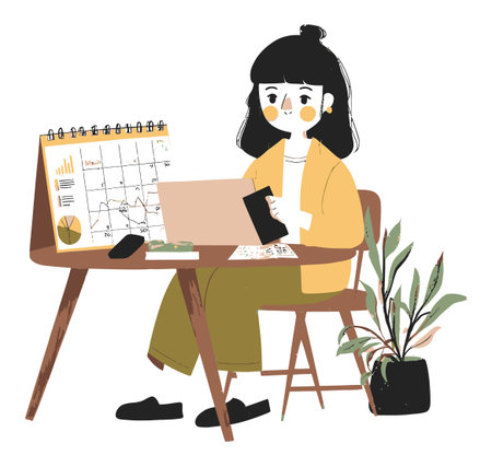 Charming illustration of a woman in a modern workspace, engaging with a laptop. Features plants, charts, and a calendar, symbolizing productivity and creativity.のイラスト素材