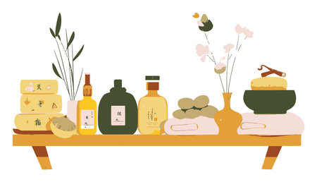 Discover a tranquil spa illustration showcasing natural skincare products and soothing elements. Perfect for wellness and beauty themes.のイラスト素材