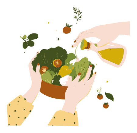 This vector illustration features hands mixing fresh salad ingredients in a bowl, drizzling olive oil. Perfect for food and lifestyle themes.のイラスト素材