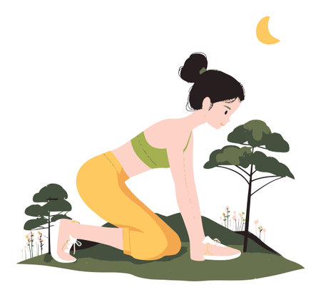 This illustration portrays a woman exercising outdoors surrounded by nature. She embodies fitness and tranquility, highlighting a healthy lifestyle.のイラスト素材