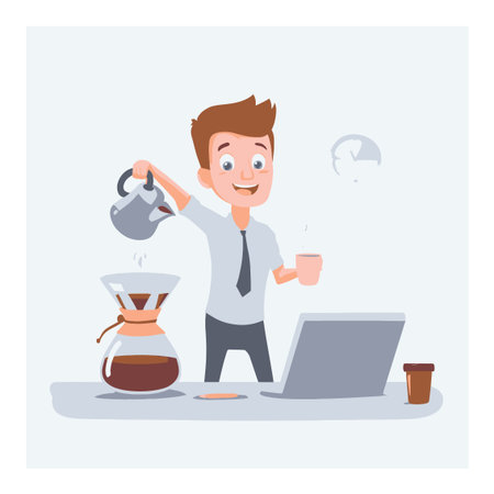 A cheerful young man brews coffee in a modern office, pouring into a cup. The cartoon-style illustration captures a vibrant work atmosphere. Ideal for lifestyle themes.のイラスト素材