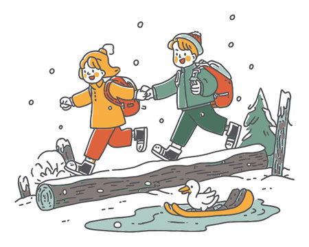 Delightful illustration of children walking through snow, enjoying winter with friends, a duck, and a sled, embodying joy and adventure in a snowy landscape.のイラスト素材