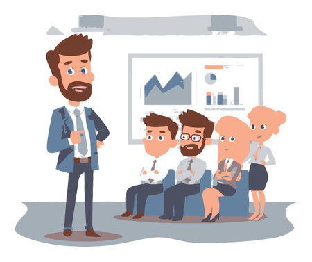 Engaging cartoon illustration of a male speaker presenting to an attentive audience. Perfect for business-related projects, training materials, or corporate presentations.のイラスト素材