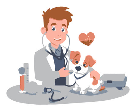 A cheerful veterinarian examining an adorable cartoon dog with a stethoscope, showcasing a caring atmosphere in a vet clinic setting. Perfect for pet health themes.のイラスト素材
