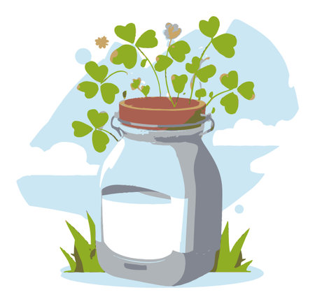 A vibrant cartoon vector illustration featuring a jar filled with green clovers, set against a soft blue sky, symbolizing growth and nature's beauty.のイラスト素材