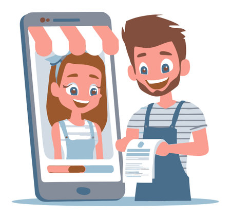 This vibrant vector illustration depicts a cheerful character interacting with a smartphone in a fun shop setting. Ideal for digital communication themes.のイラスト素材