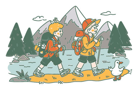 Two children wearing backpacks enjoy a hiking adventure in a scenic landscape, surrounded by mountains, trees, and a friendly duck, in a charming flat vector style.のイラスト素材