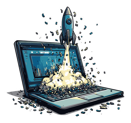 A vibrant vector illustration featuring a rocket launching from a laptop, symbolizing innovation and creativity in technology and digital art.のイラスト素材