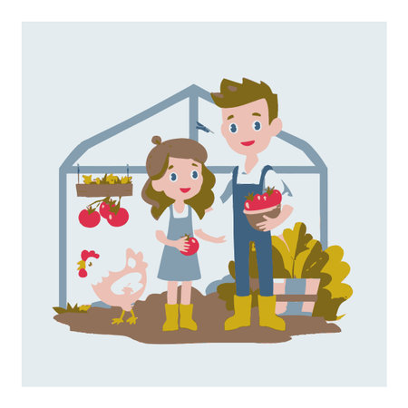 A charming cartoon illustration featuring a couple happily harvesting vegetables in a garden. The scene includes a cheerful chicken, vibrant produce, and a greenhouse, capturing a wholesome farm life experience.のイラスト素材
