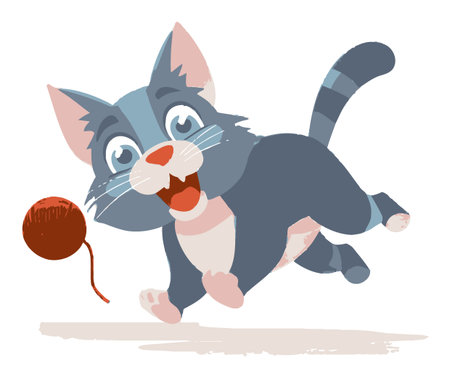 This vibrant vector illustration features a playful cartoon cat joyfully chasing after a red yarn ball. The cheerful design captures the essence of fun and playful pet moments.のイラスト素材