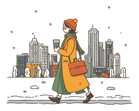 A charming illustration depicting a fashionable woman walking in a snowy city. She carries a coffee cup and wears a warm scarf and hat, showcasing winter style amidst urban buildings.のイラスト素材