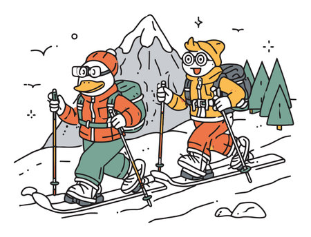 Enjoy a playful illustration of cartoon characters skiing in a snowy landscape with mountains and trees. Perfect for winter and adventure themes.のイラスト素材