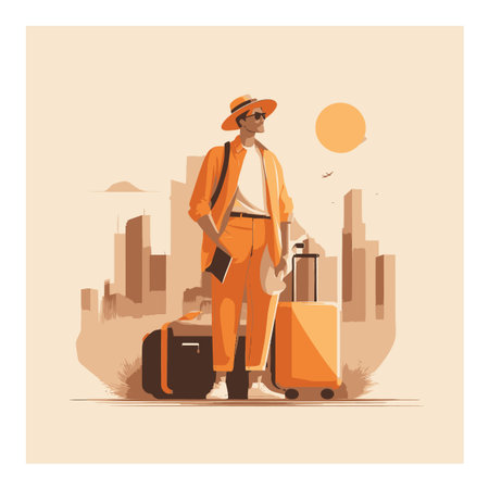 This vibrant vector cartoon illustration features a stylish traveler with luggage in an urban landscape, showcasing a sense of adventure and fashion.のイラスト素材