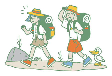 Two cheerful children hike along a path, carrying backpacks, enjoying nature. A playful duck joins them, capturing the joy of outdoor exploration and friendship.のイラスト素材