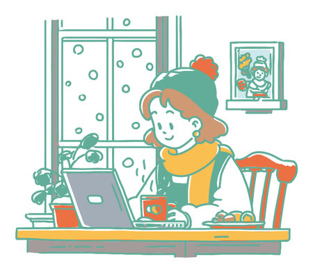 This illustration depicts a cozy winter scene featuring a woman working on her laptop. She enjoys a hot drink while snow falls outside, creating a warm atmosphere.のイラスト素材