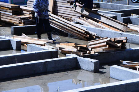 A scene of a foundation construction site for residential construction.の写真素材