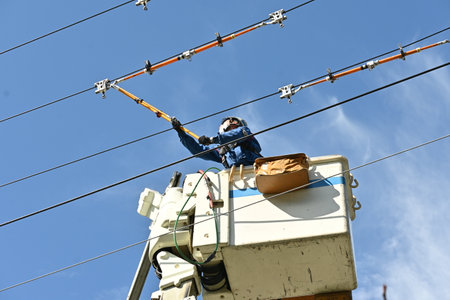 Scene of electric wire construction work. Background image of a work site.