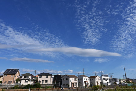 Autumn scene in Japan after rice harvesting. Seasonal background material.の写真素材