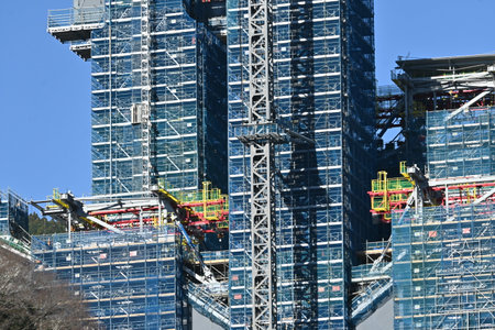 A view of a river bridge construction site on a highway in Japan.の写真素材