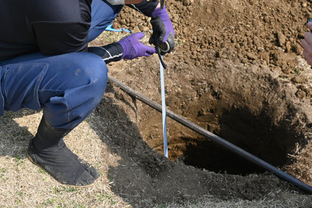 A scene of tree planting work by a tree planter. Dig a planting hole, fill it with compost and leaf...